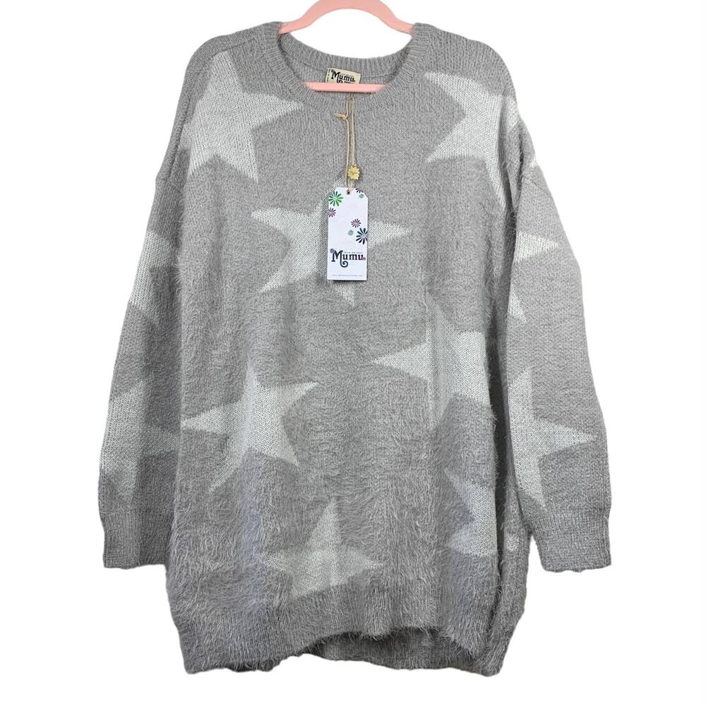 SHOW ME YOUR MUMU NWT Leighanne Gray Fuzzy Star Knit Long Sleeve Sweater Medium